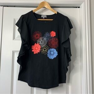 Laura Petites Black Top, Colorful Floral Embroidery Ruffle Short Sleeve  Size L